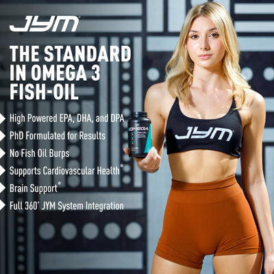 Nutritional facts panel on JYM Omega JYM bottle clearly listing EPA and DHA amounts
