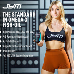 Nutritional facts panel on JYM Omega JYM bottle clearly listing EPA and DHA amounts