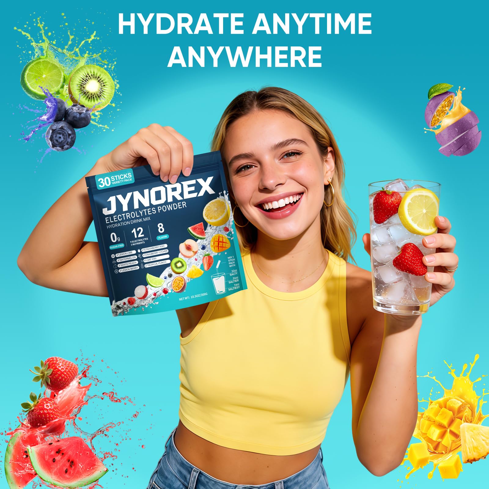 Etiqueta nutricional JYNOREX destacando electrolitos y ausencia de azúcar
