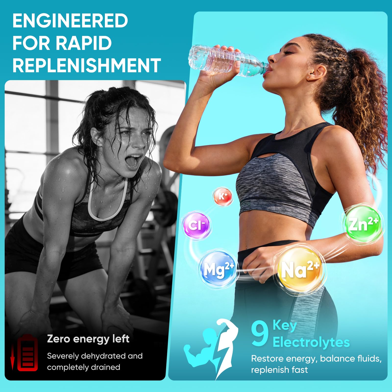 Atleta bebiendo JYNOREX tras ejercicio, rehidratación rápida y portable