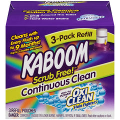 kaboom frontal del empaque de recargas mostrando 3 unidades y beneficio de limpieza continua