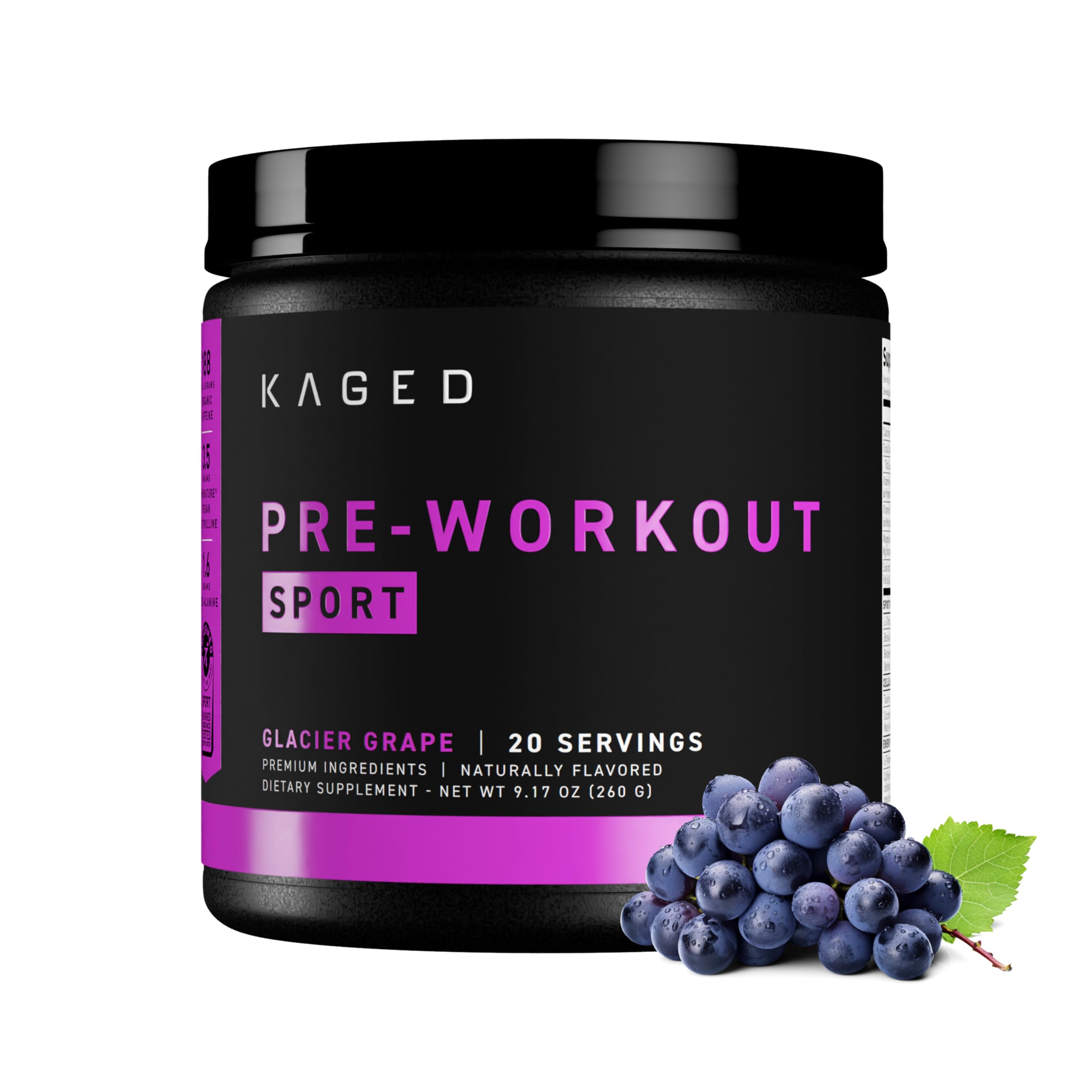 Kaged envase frontal Glacier Grape mostrando marca y beneficio de energía