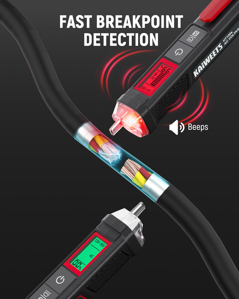 Técnico usando KAIWEETS para medir un enchufe, seguridad y eficiencia