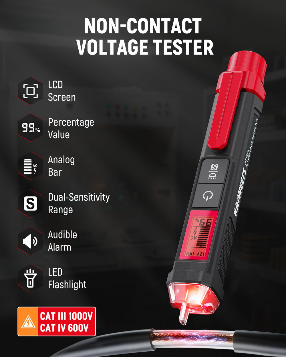 KAIWEETS tester de enchufe en uso comprobando cableado con seguridad