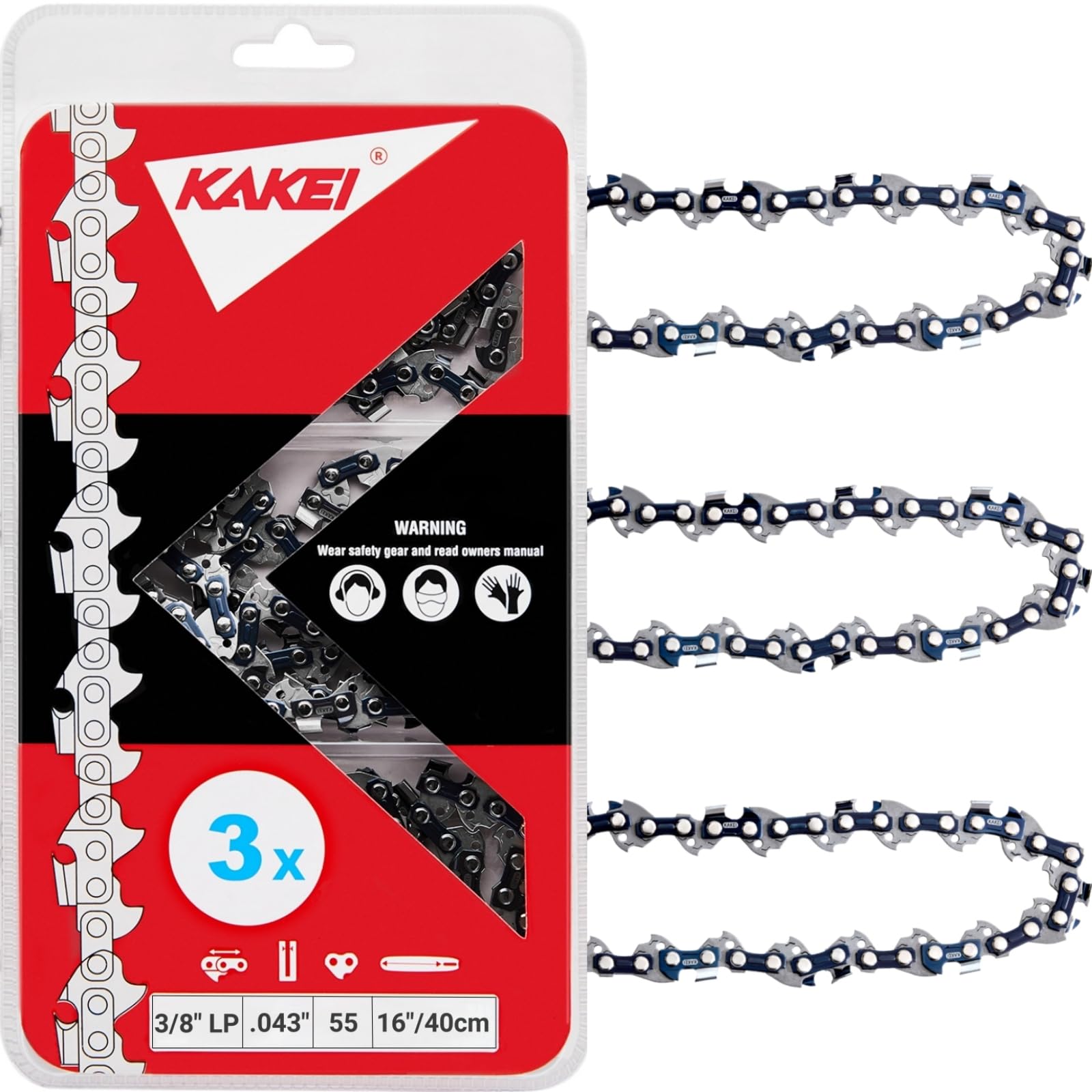 KAKEI front packaging showing three 16-inch chains and clear product info for convenience