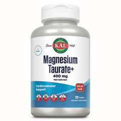 KAL frasco frontal de Magnesium Taurate mostrando la etiqueta y beneficios