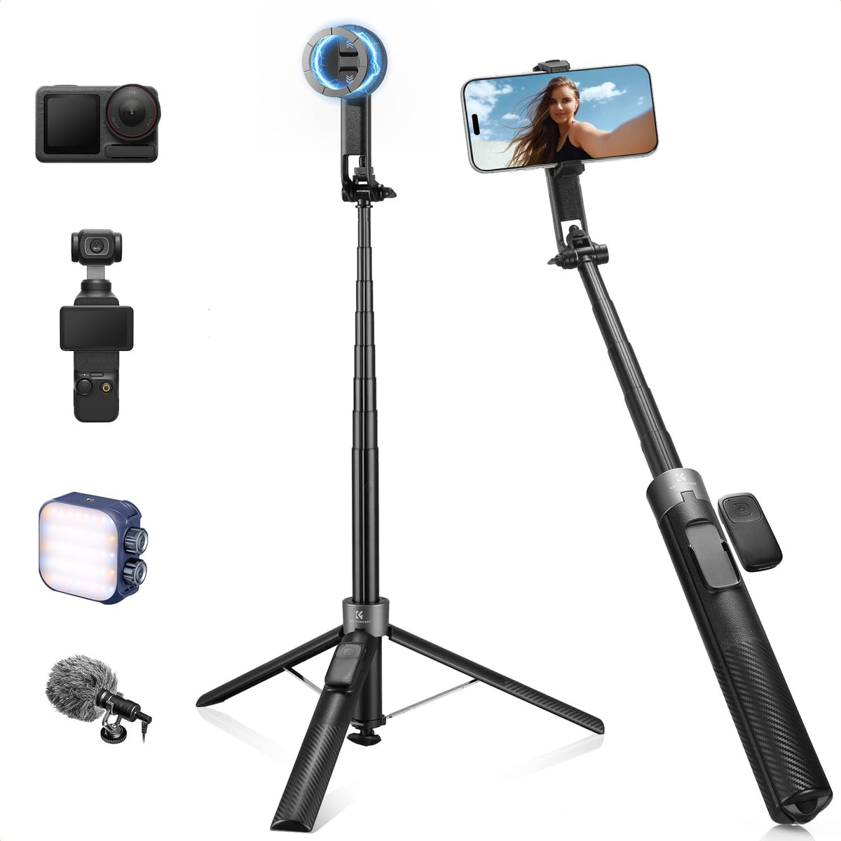 K&F CONCEPT front view of 72-inch selfie stick showing tall reach and portability