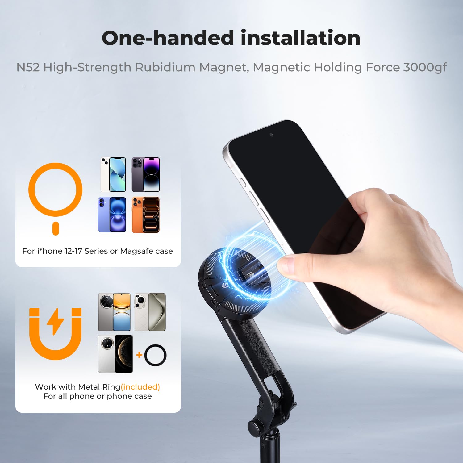 K&F CONCEPT close-up of magnetic ring and clip for quick phone attachment benefit