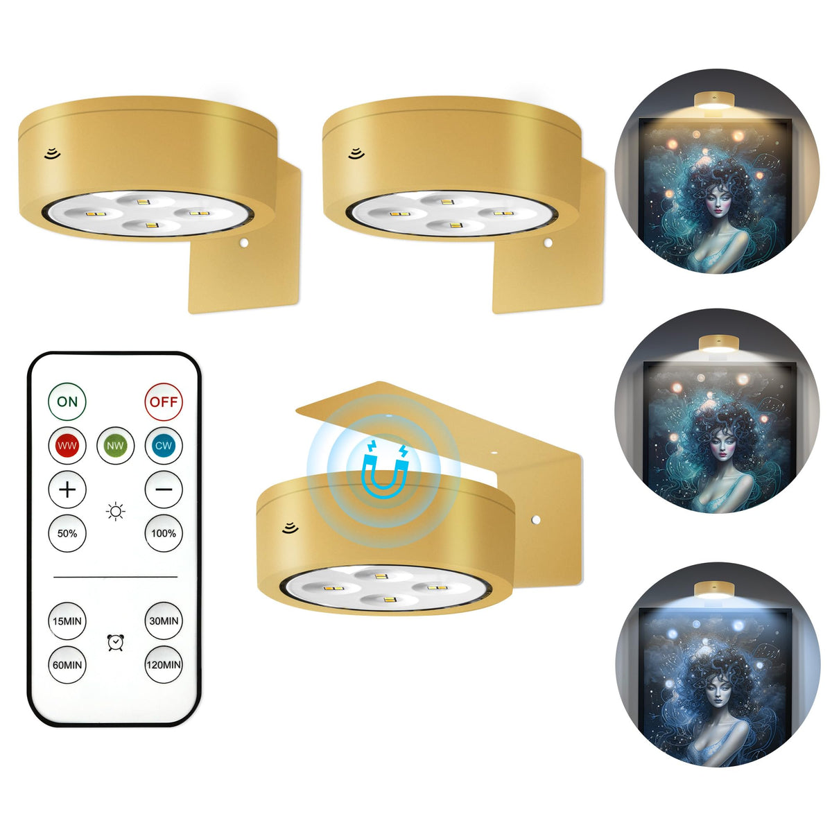 Kandicyar frontal pack tres luces doradas mostrando diseño elegante y luz uniforme