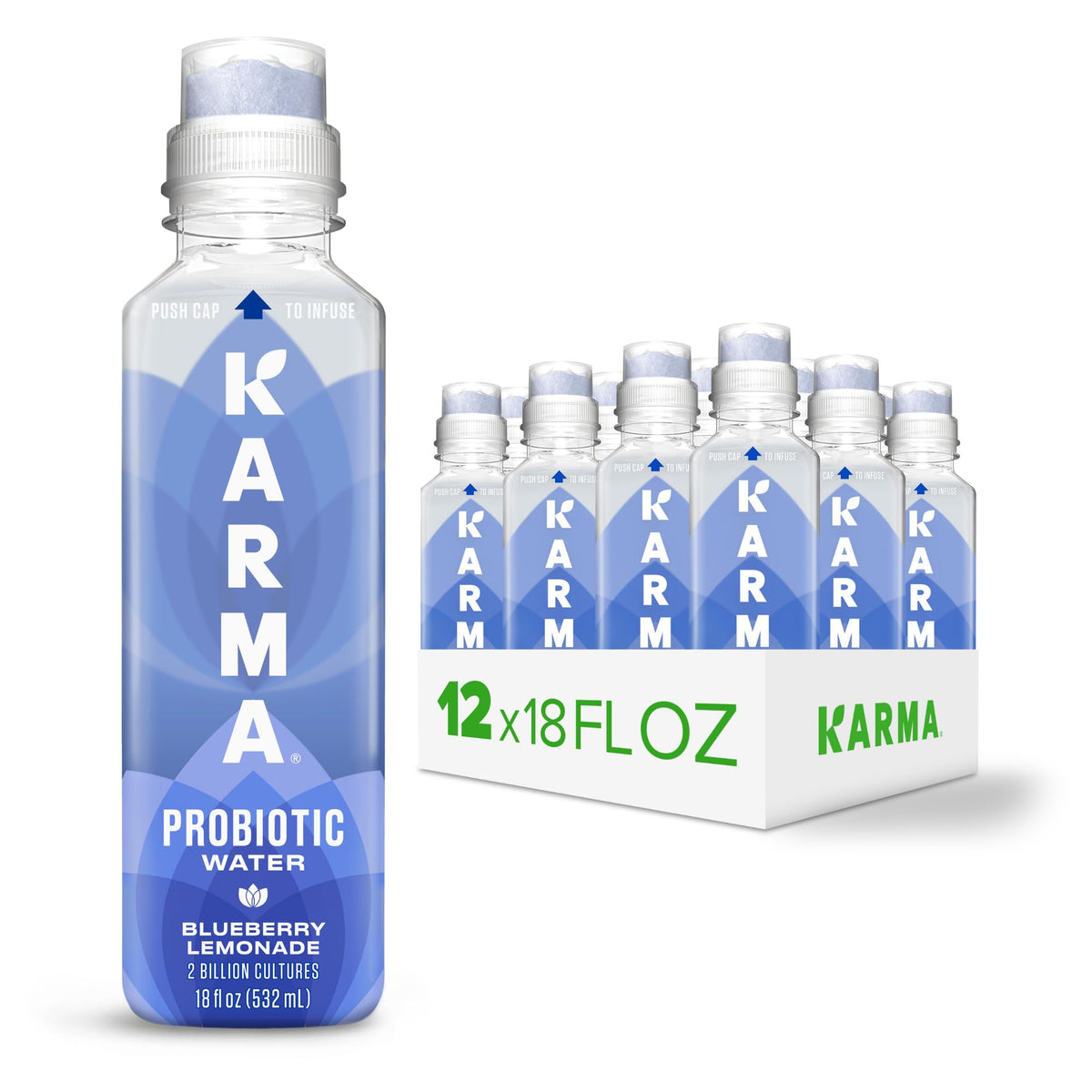 Karma botella frontal Blueberry Lemonade mostrando la marca y sabor refrescante