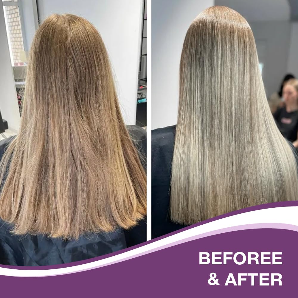 Karseell before and after on blonde ends showing reduced brassiness and cooler, cleaner tone
