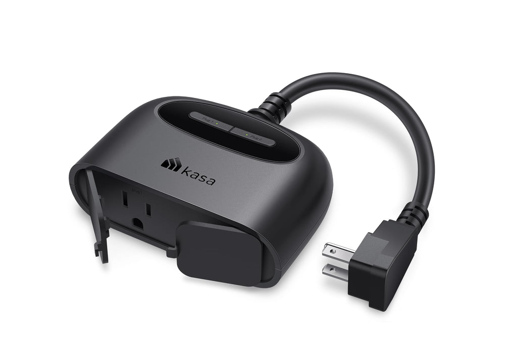 Kasa Smart EP40 front view showing dual outlets and weatherproof housing for outdoor convenience