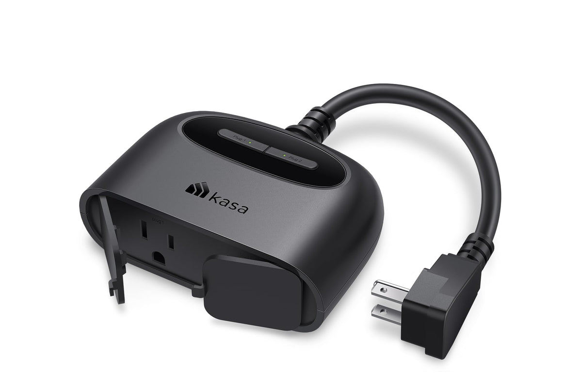 Kasa Smart EP40 front view showing dual outlets and weatherproof housing for outdoor convenience
