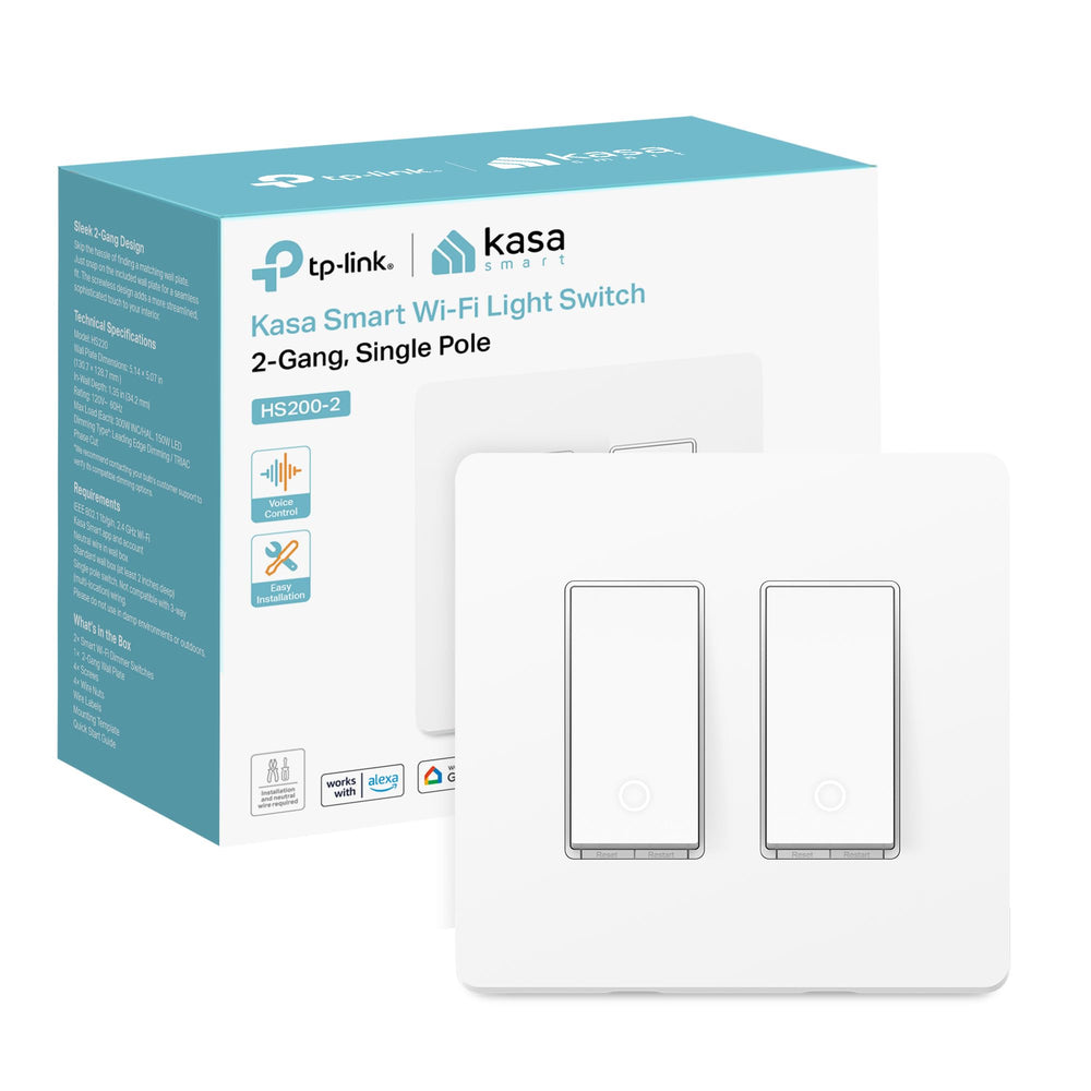Kasa Smart HS200-2 frontal mostrando diseño empotrado y control doble