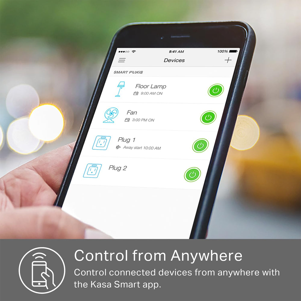 Kasa Smart pantalla de app Kasa en móvil gestionando ambas salidas desde lejos