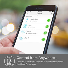 Kasa Smart pantalla de app Kasa en móvil gestionando ambas salidas desde lejos