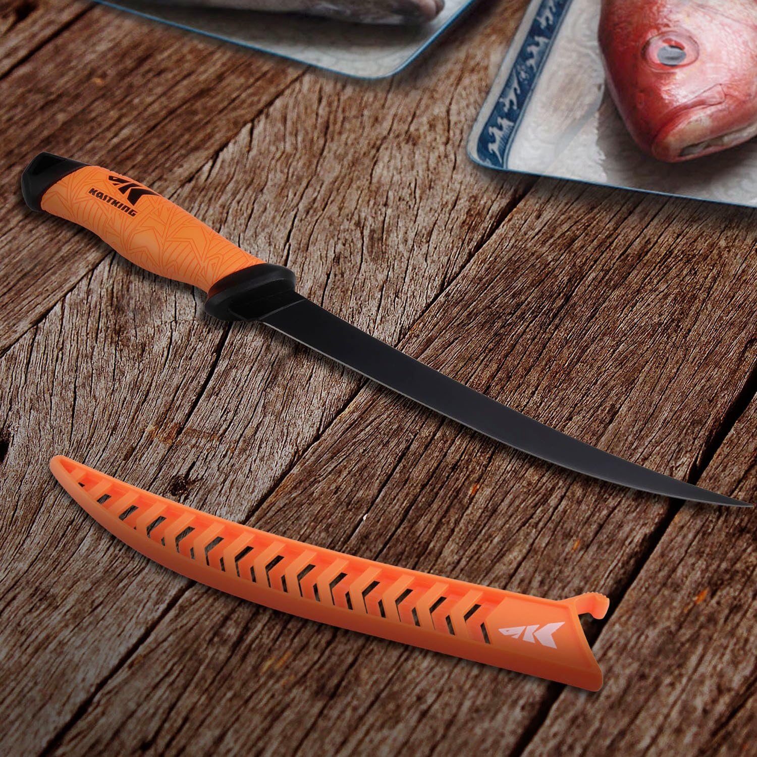 KastKing knife on a boat deck with tackle, durable for marine use