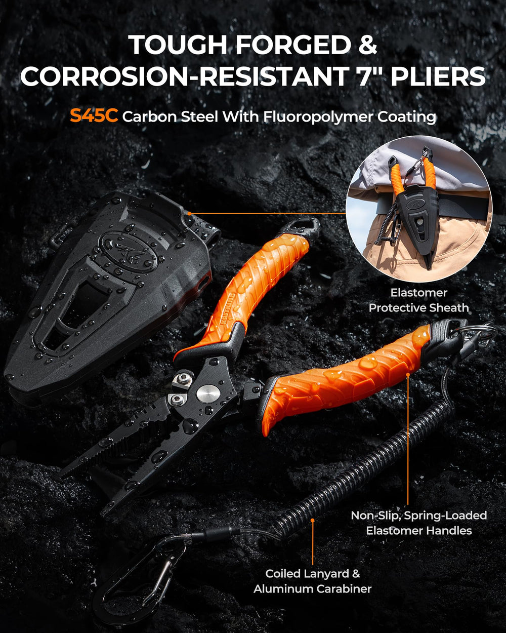 KastKing 7-inch pliers close-up showing coated jaws and rust resistance benefit