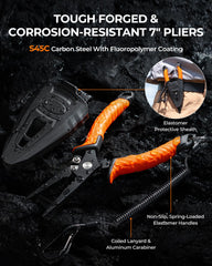 KastKing 7-inch pliers close-up showing coated jaws and rust resistance benefit
