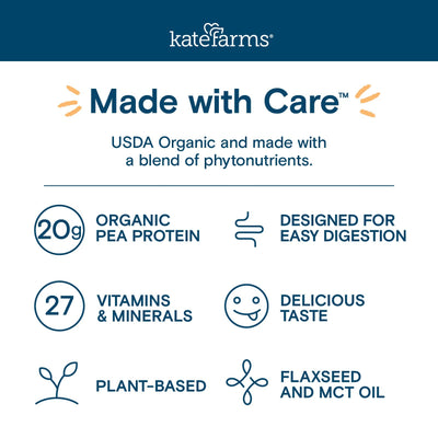KATE FARMS ingredientes vegetales como brócoli y cúrcuma presentes y nutritivos