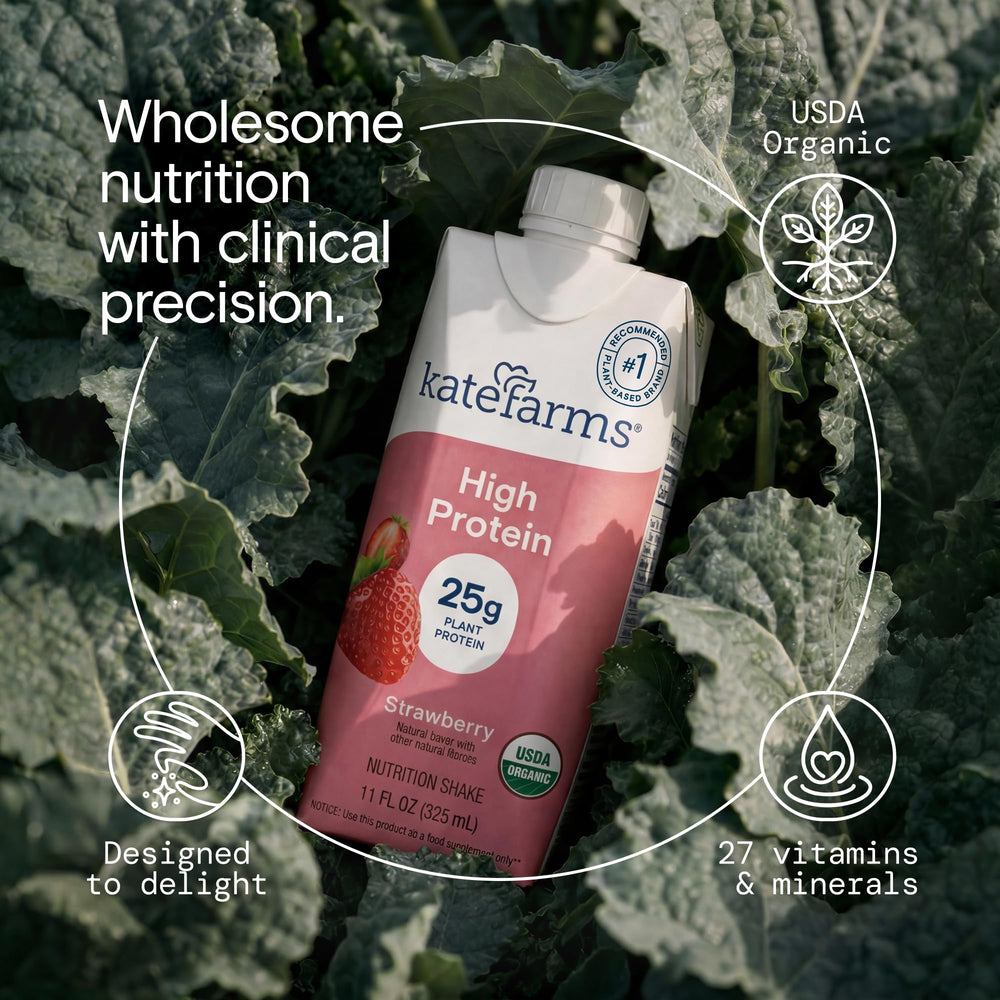Kate Farms shake on a breakfast table demonstrating quick, balanced meal support