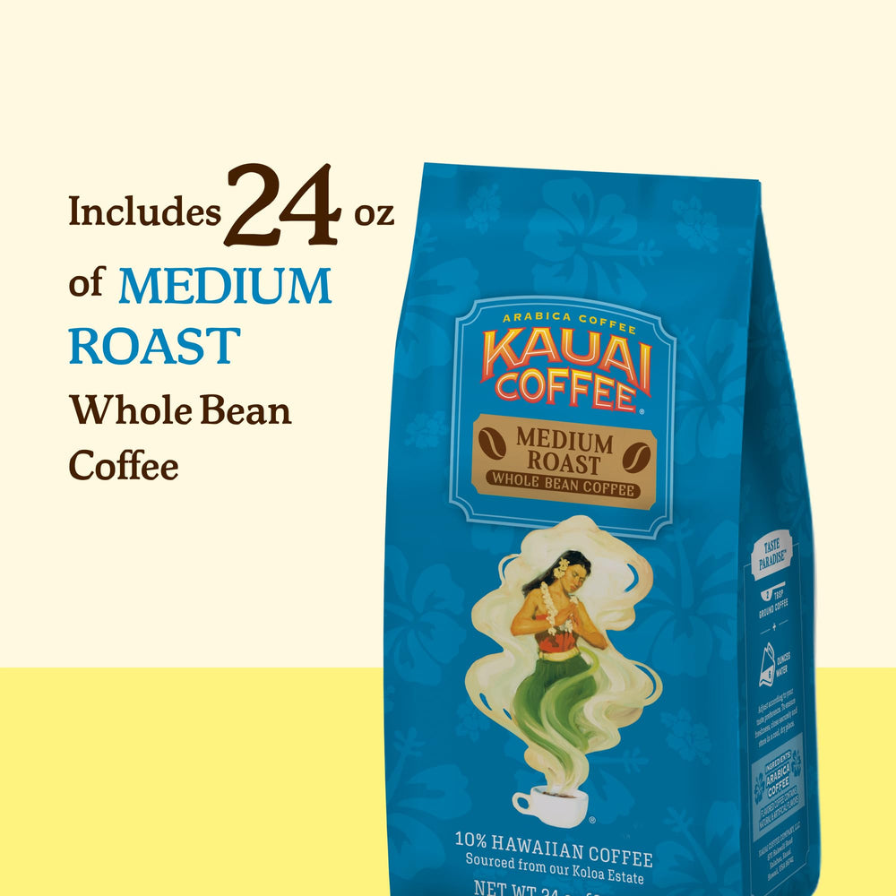 Kauai Coffee bolsa 24 oz junto a taza para comparar tamaño y porciones