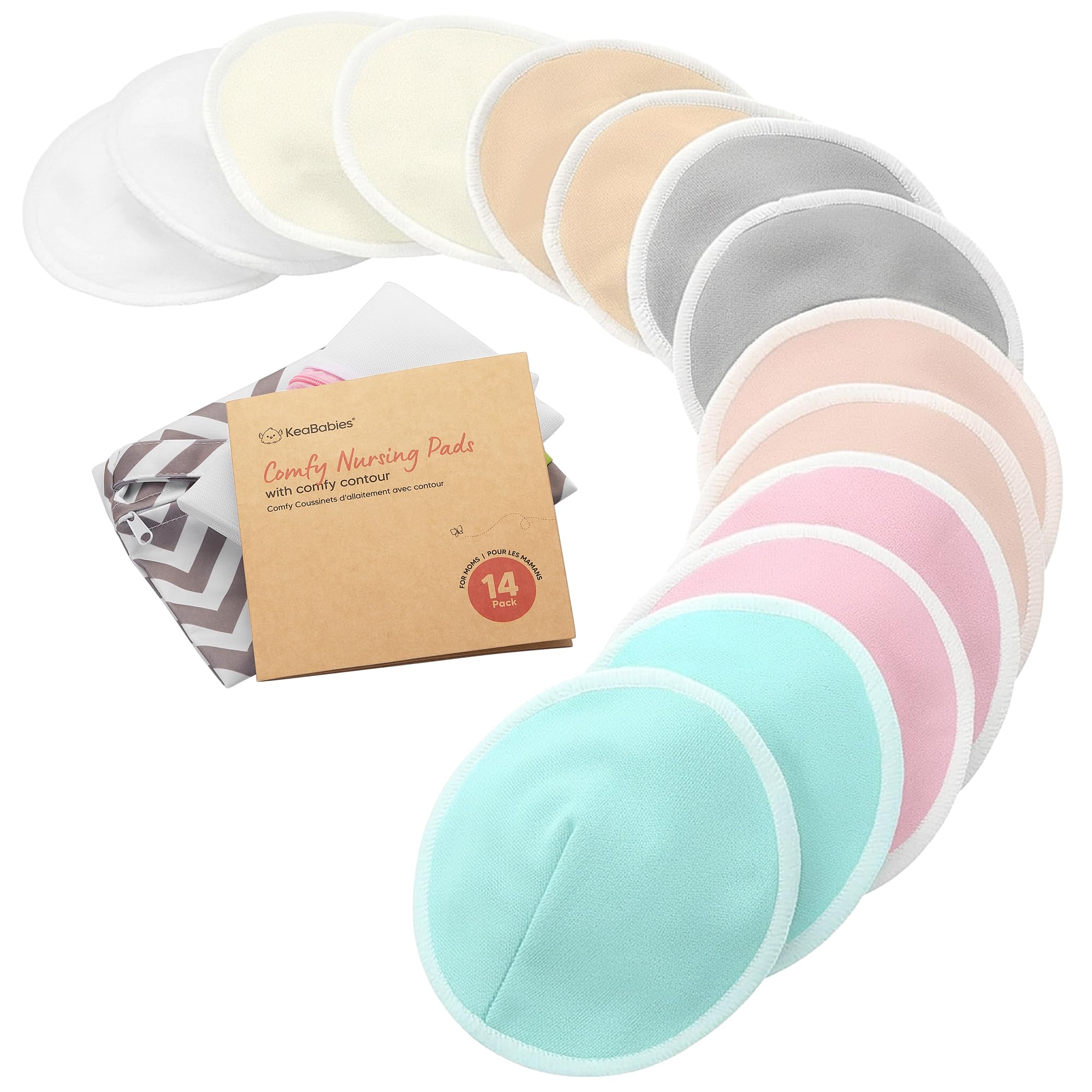 KeaBabies empaque frontal con 14 almohadillas y bolsas para uso práctico