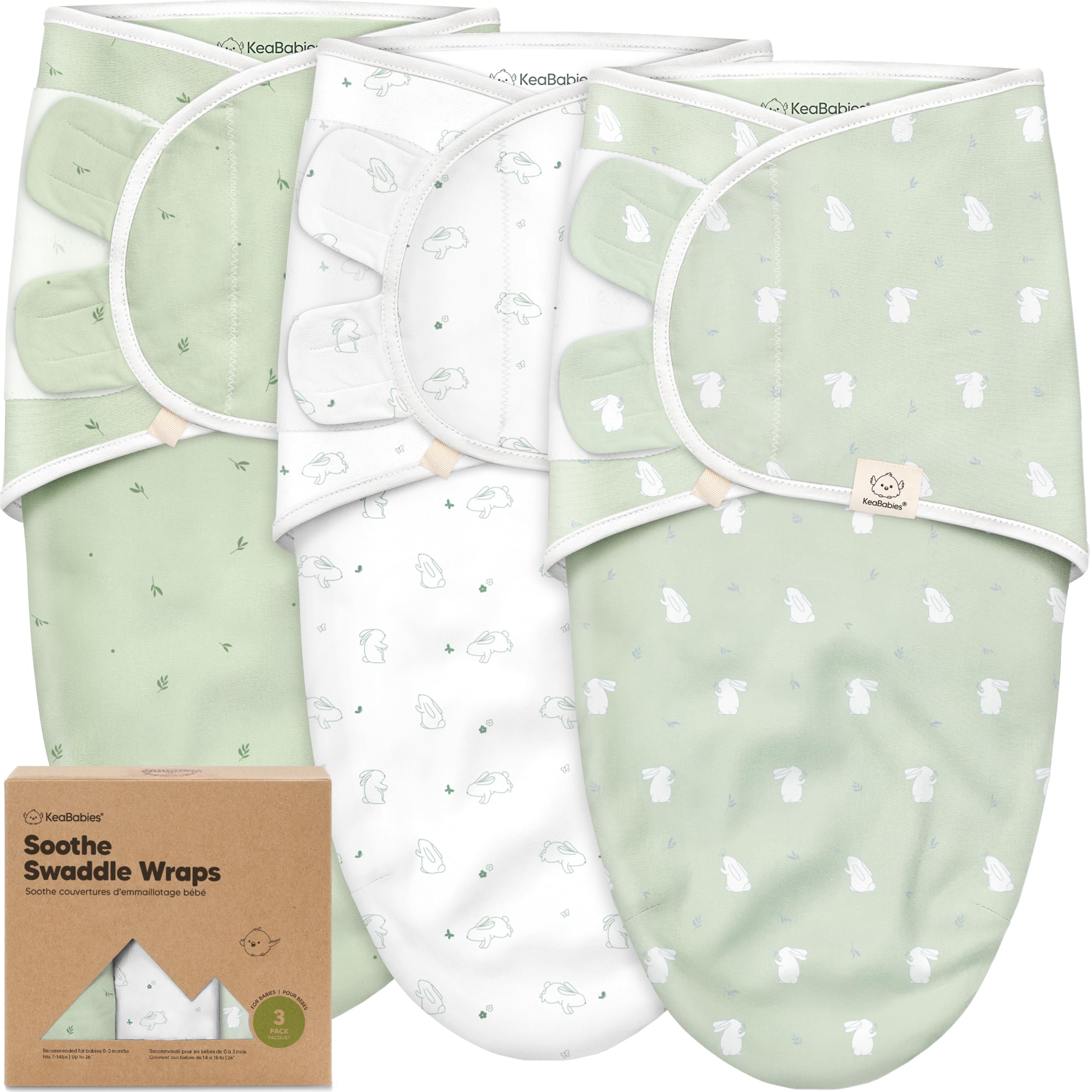 KeaBabies frontal del paquete Bunnies mostrando tres sacos, confort inmediato
