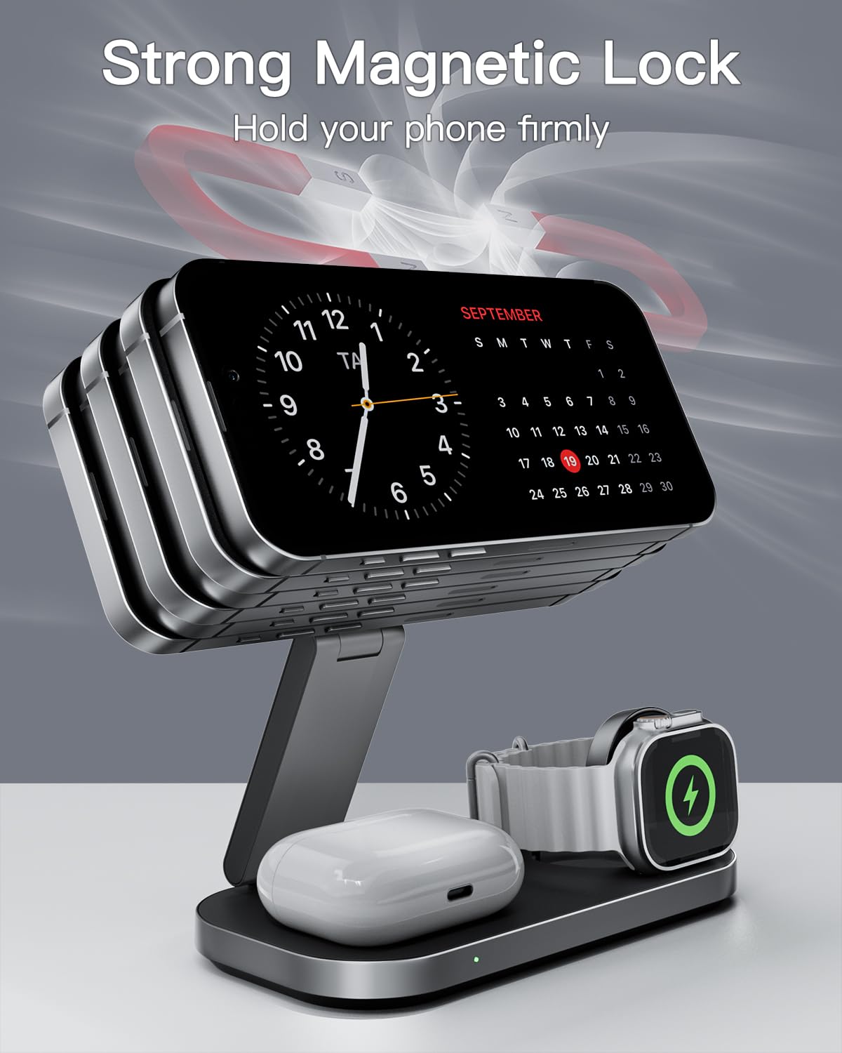 KEEPRO estación en uso con iPhone, Apple Watch y AirPods en escritorio