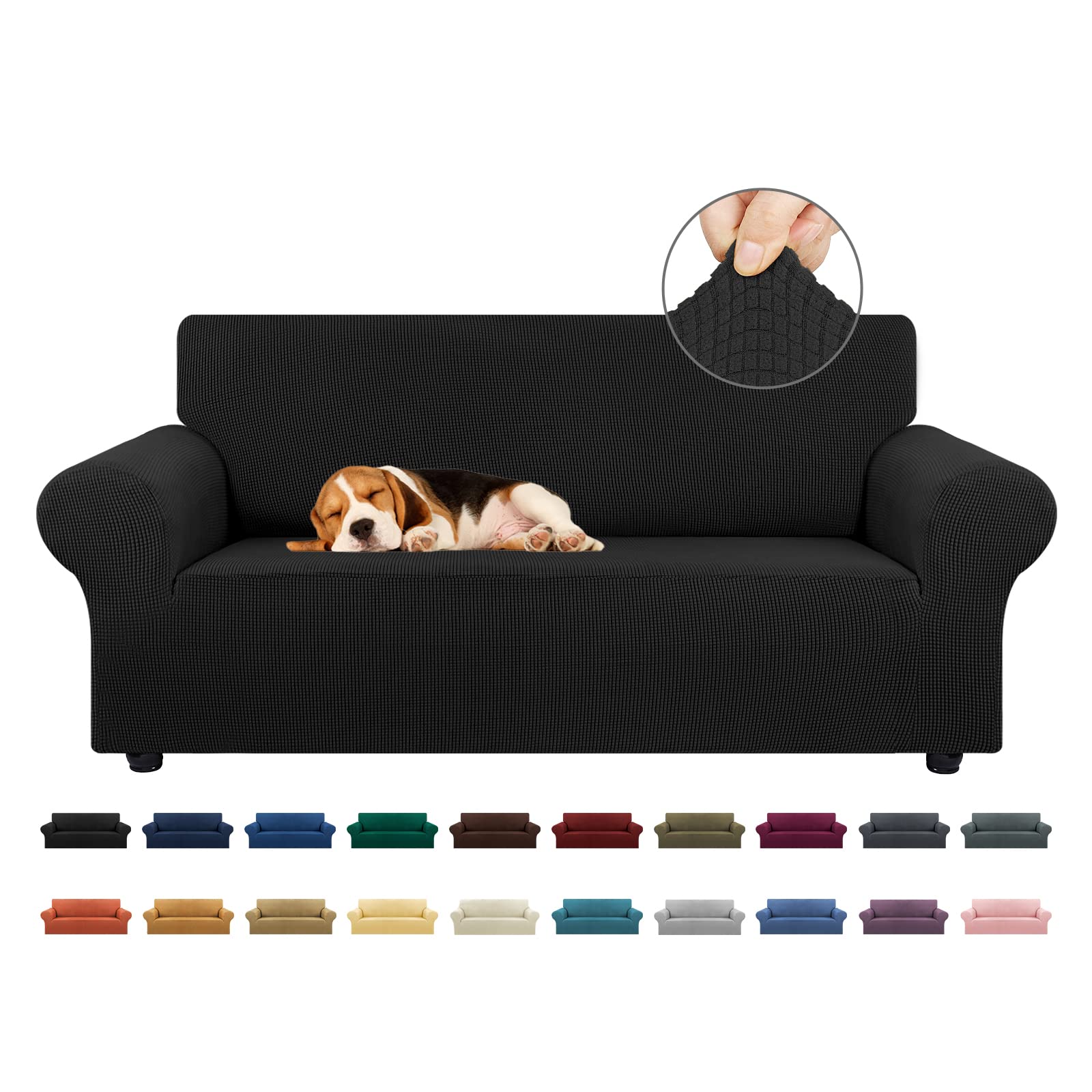 KEKUOU front packaging of black loveseat cover showing fit and protection