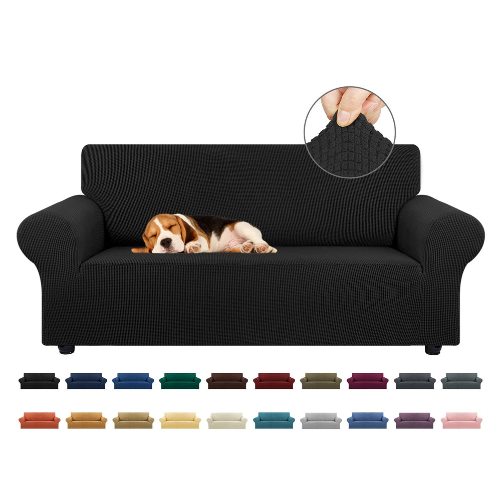 KEKUOU front packaging of black loveseat cover showing fit and protection