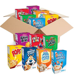 Kellogg's front packaging of variety case showing assorted boxed cereals for pantry convenience
