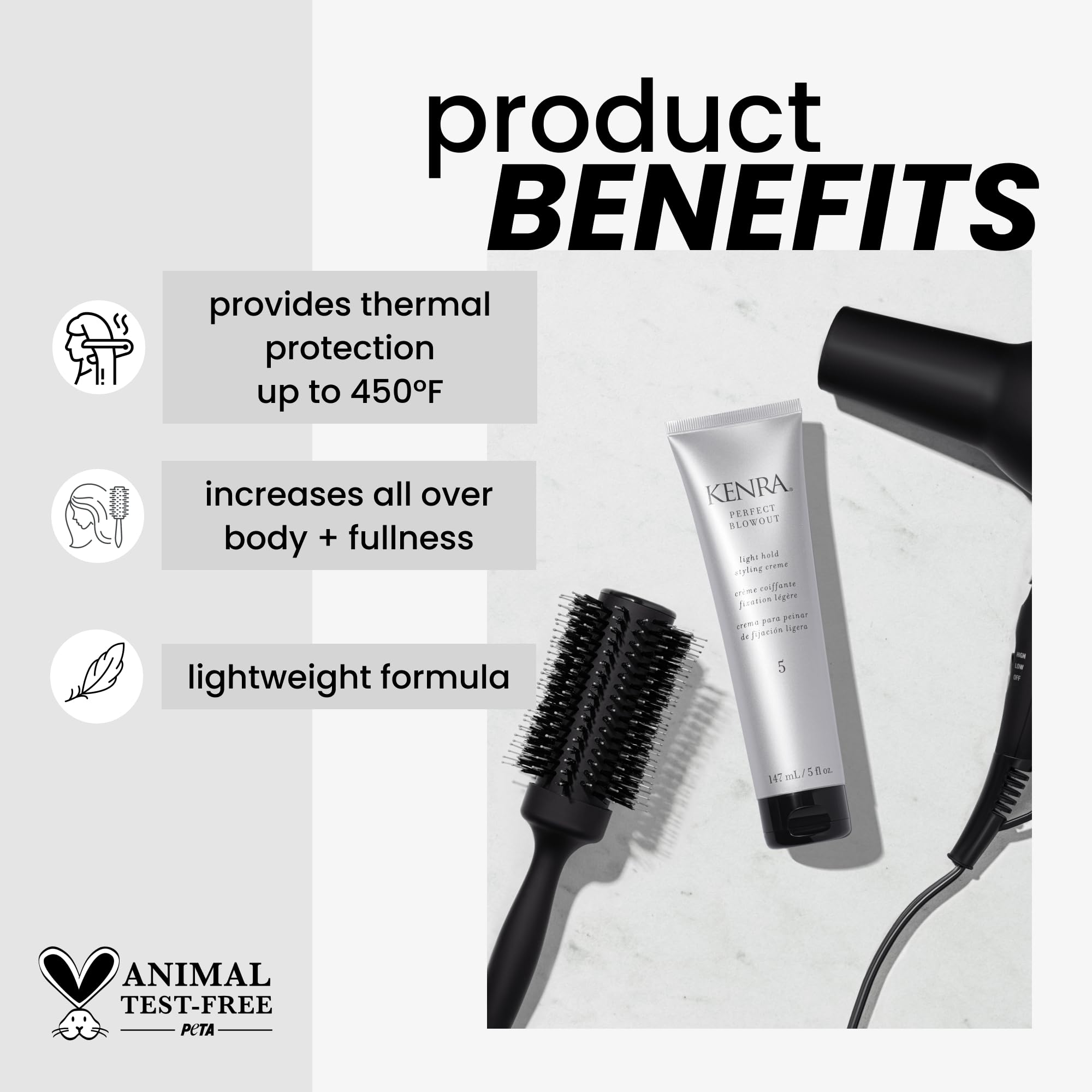 Kenra Perfect Blowout 5 textura cremosa en mano, demuestra fórmula ligera y fácil distribución
