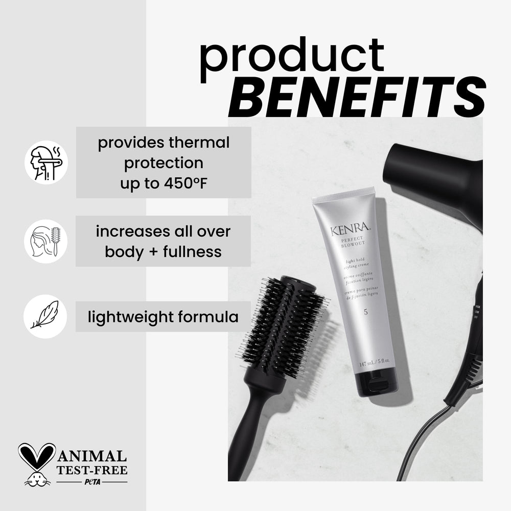 Kenra Perfect Blowout 5 textura cremosa en mano, demuestra fórmula ligera y fácil distribución