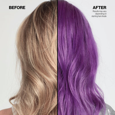 KERACOLOR resultado antes y después con tono morado más vivo y acondicionamiento
