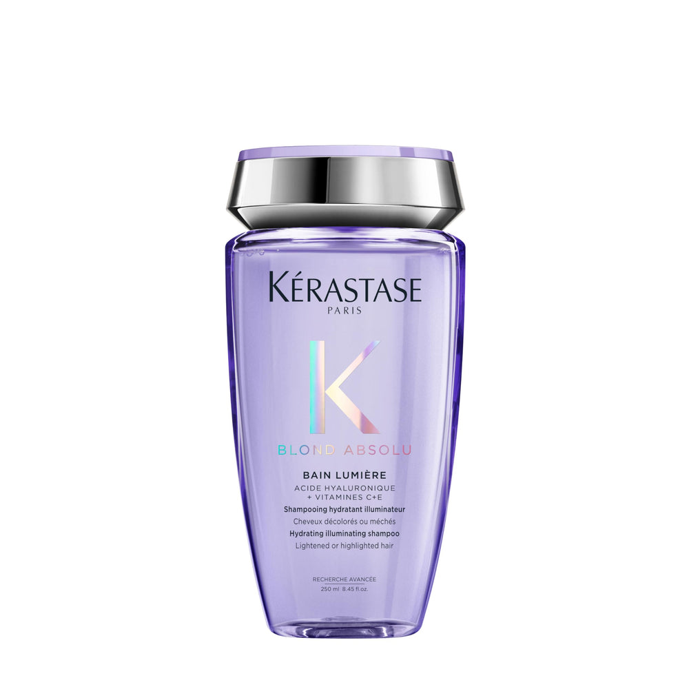 KÉRASTASE botella frontal del champú Blond Absolu mostrando diseño y beneficio brillo