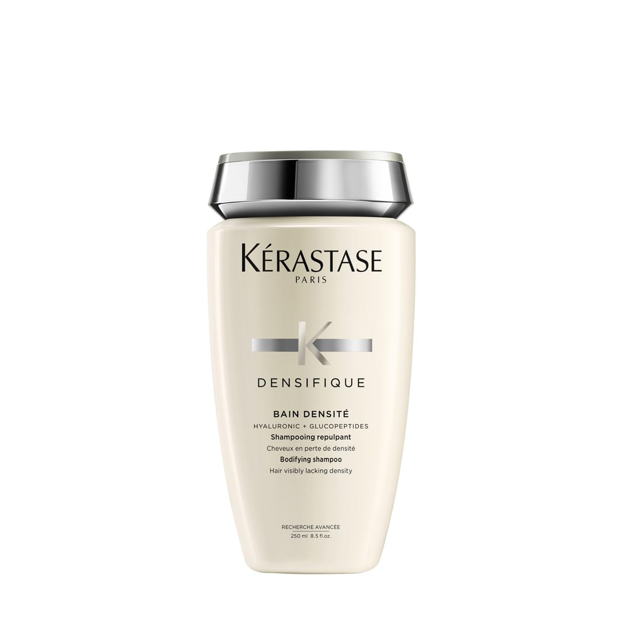 KÉRASTASE botella frontal del champú densifique, aspecto premium y beneficio voluminizador