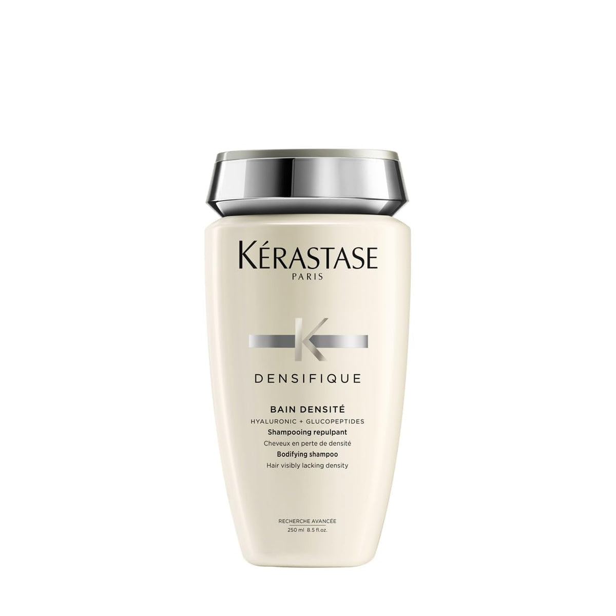 KÉRASTASE botella frontal del champú densifique, aspecto premium y beneficio voluminizador
