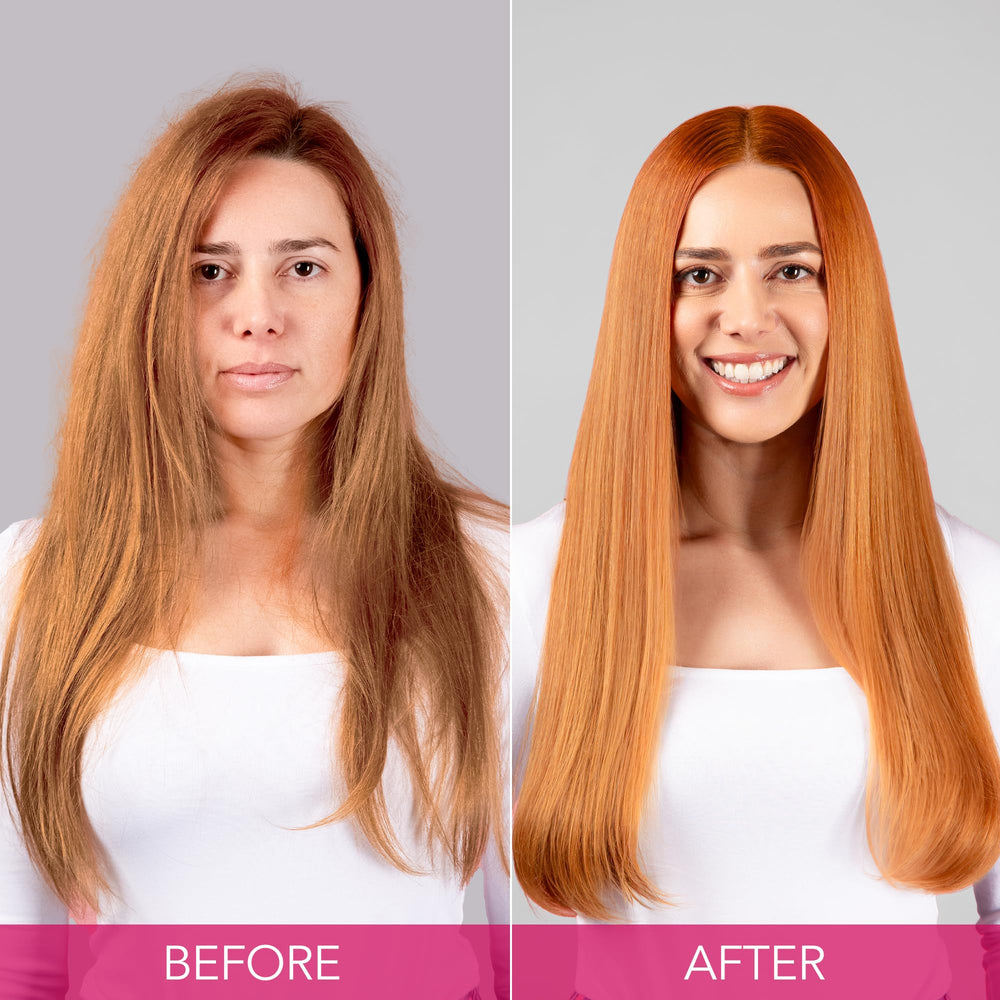 Keratin Complex comparación de tamaño junto a mano para referencia de 13.5 fl oz