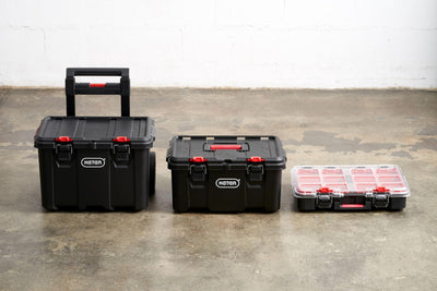 Keter Stack-n-Roll at a jobsite demonstrating portable organized workspace benefit