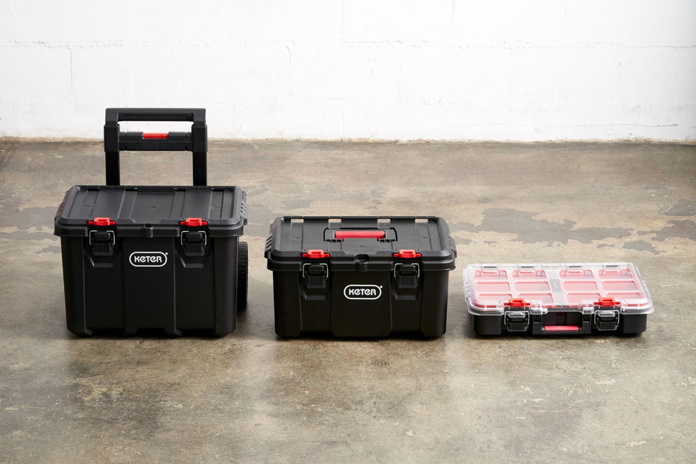 Keter Stack-n-Roll at a jobsite demonstrating portable organized workspace benefit