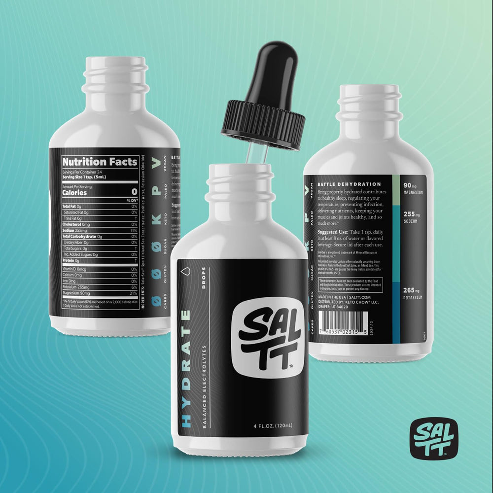 Keto Chow bote SALTT Hydrate en encimera de cocina, sugiere integración diaria en la rutina