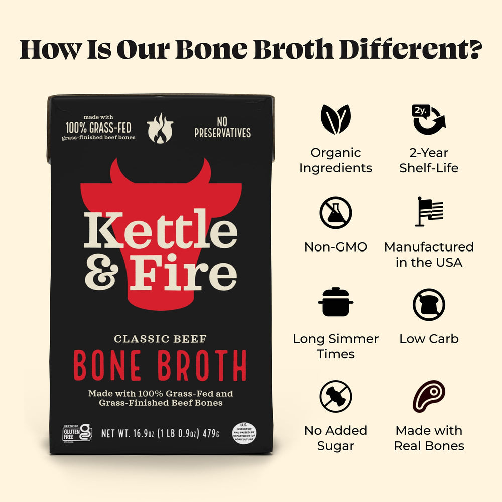 Kettle & Fire pouring broth from carton into measuring cup for convenience