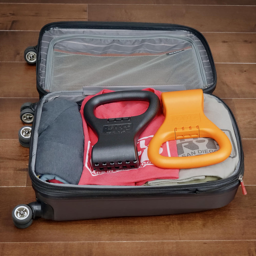 Kettle Gryp packed in gym bag and carry-on highlighting travel convenience benefit