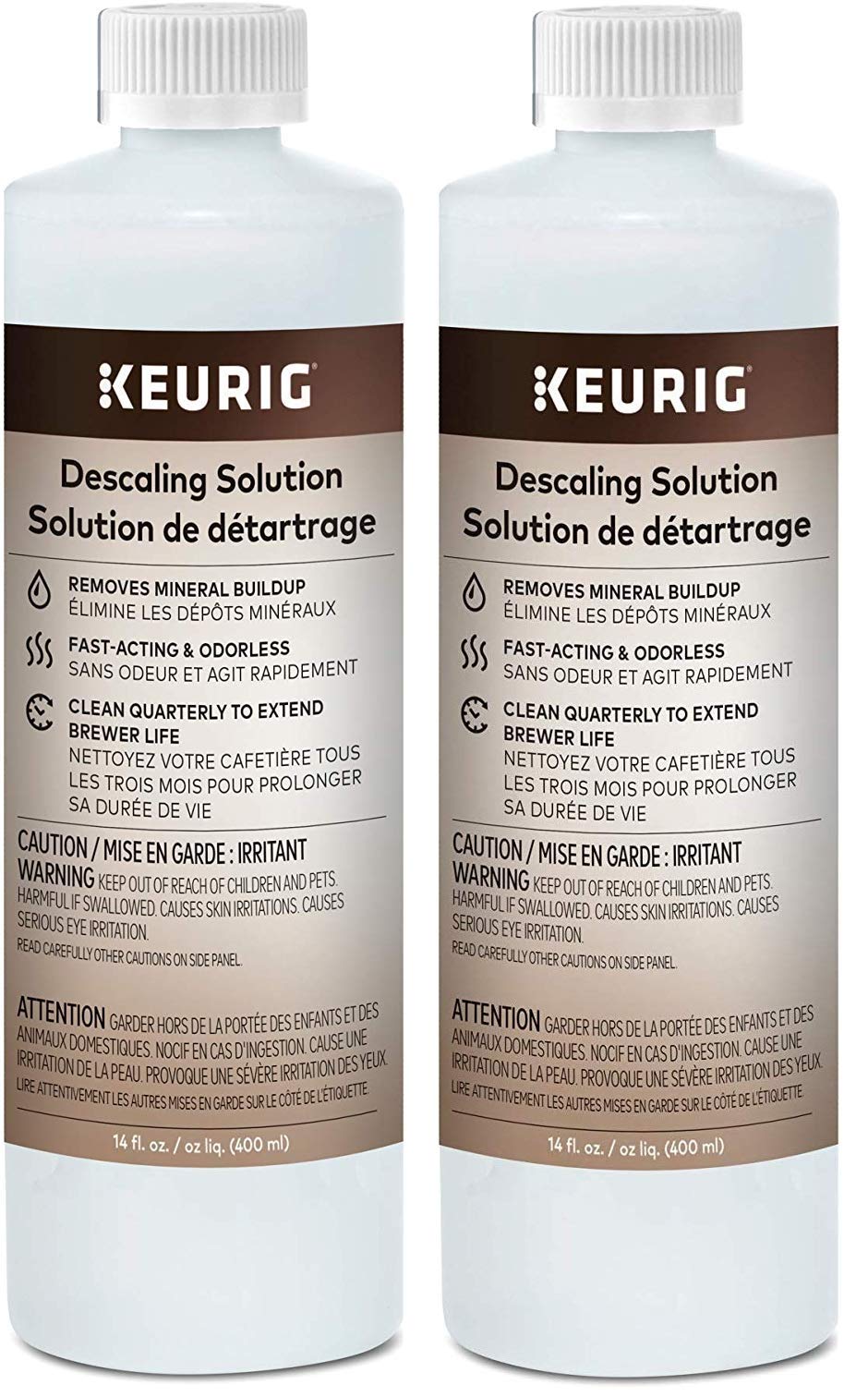 Keurig botella delantera 28 oz mostrando etiqueta y beneficio de limpieza