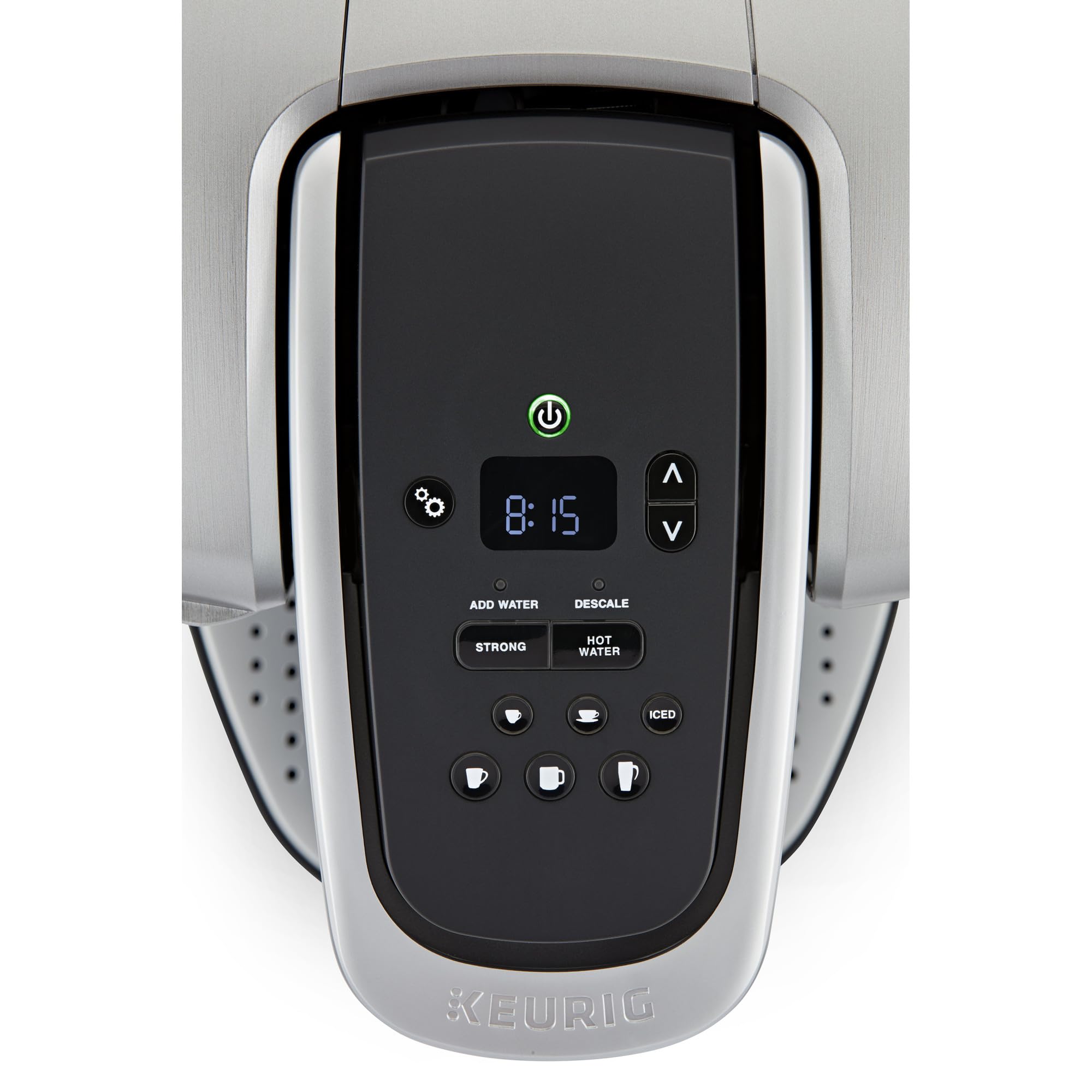 Keurig K-Elite control panel closeup highlighting programmable temperature and strength for convenience