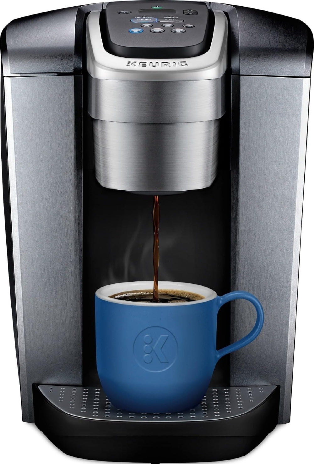 Keurig K-Elite front view showing brushed silver finish and space-saving design for kitchens