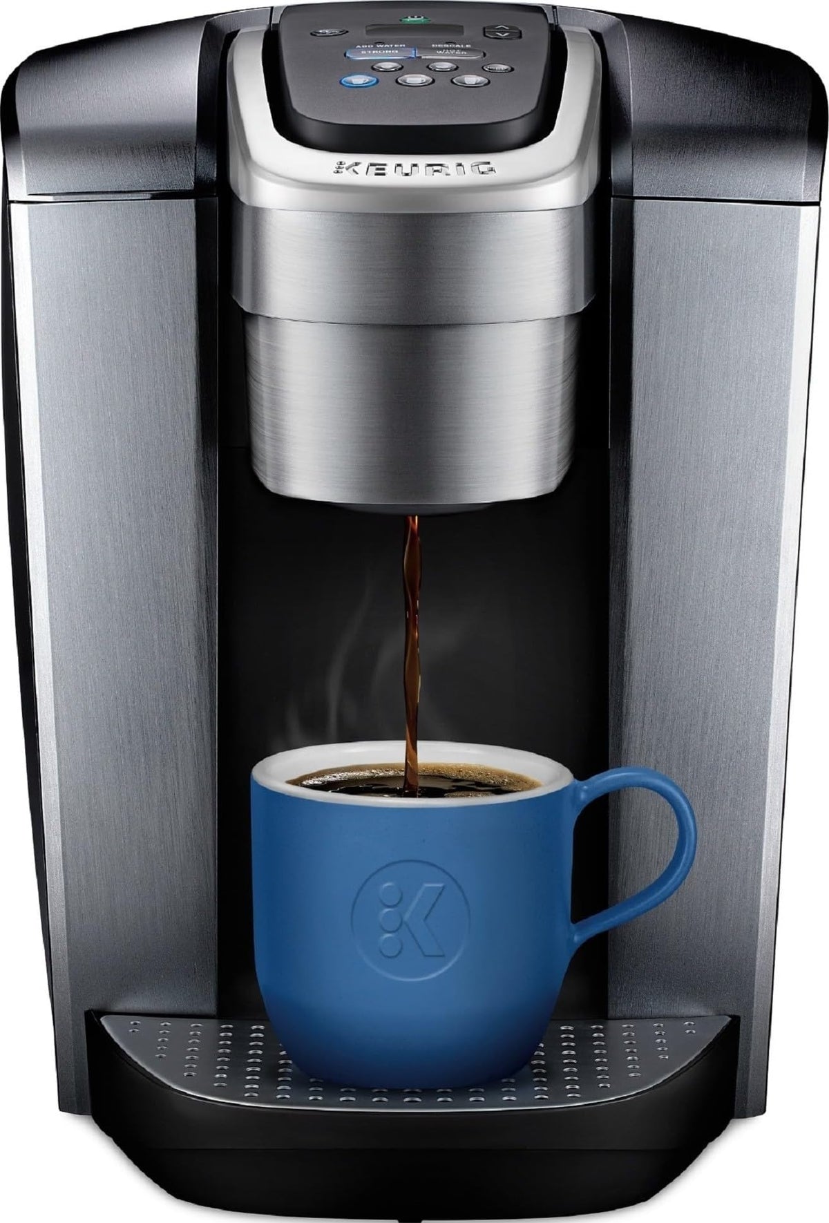 Keurig K-Elite front view showing brushed silver finish and space-saving design for kitchens