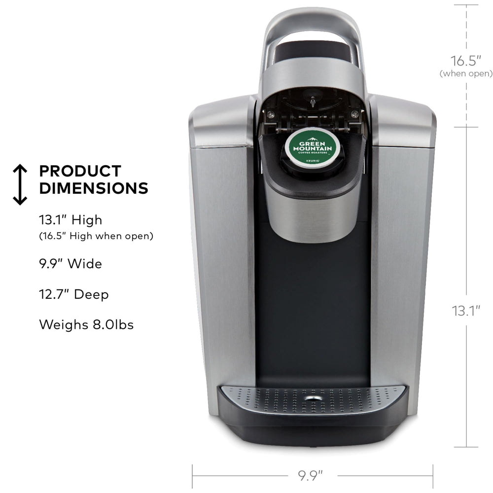 Keurig K-Elite side profile metal trim detail emphasizing premium brushed silver styling