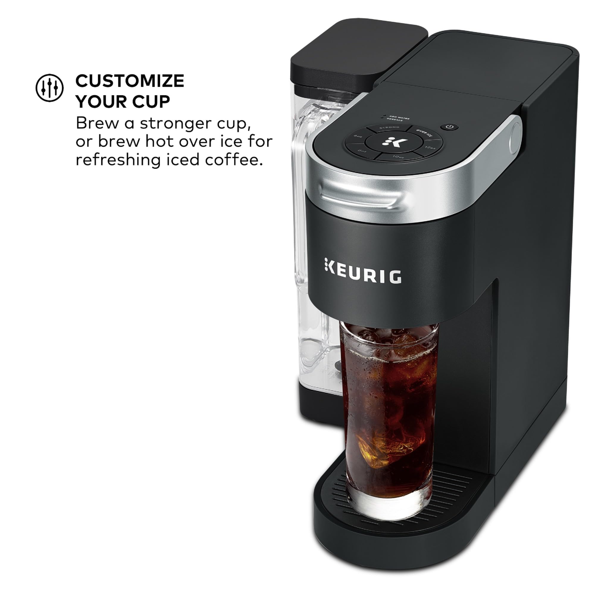 Keurig control panel with simple buttons for size, strong mode, and hot-over-ice convenience